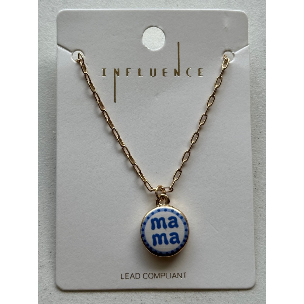 Influence Gold Tone Mama Enamel Pendant Paperclip Chain Necklace Blue White NEW